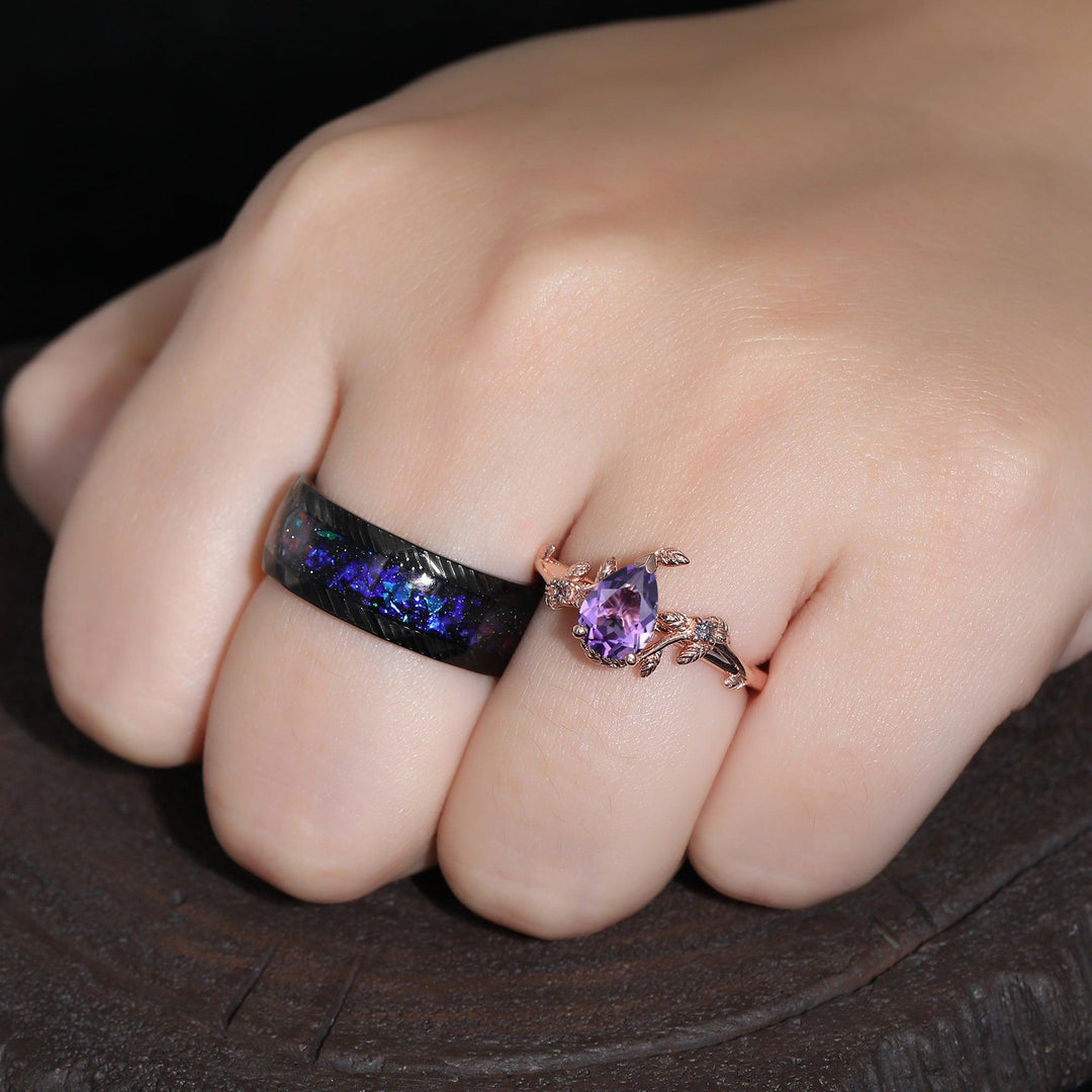 Vintage Pear Amethyst Leaf Rose Gold Unique Damascus Galaxy Tungsten Ring For Couples - Esdomera