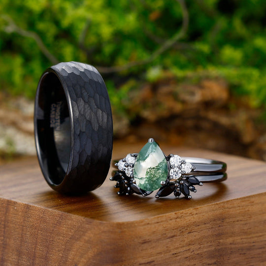 Vintage Pear Green Moss Agate & Hammered Black Obsidian Tungsten Couples Ring Set - Esdomera