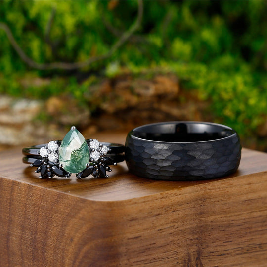 Vintage Pear Green Moss Agate & Hammered Black Obsidian Tungsten Couples Ring Set - Esdomera