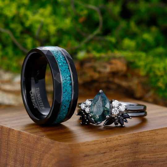 Vintage Pear Green Moss Couples Ring Set His and Hers Silver Turquoise Tungsten Wedding Band - Esdomera