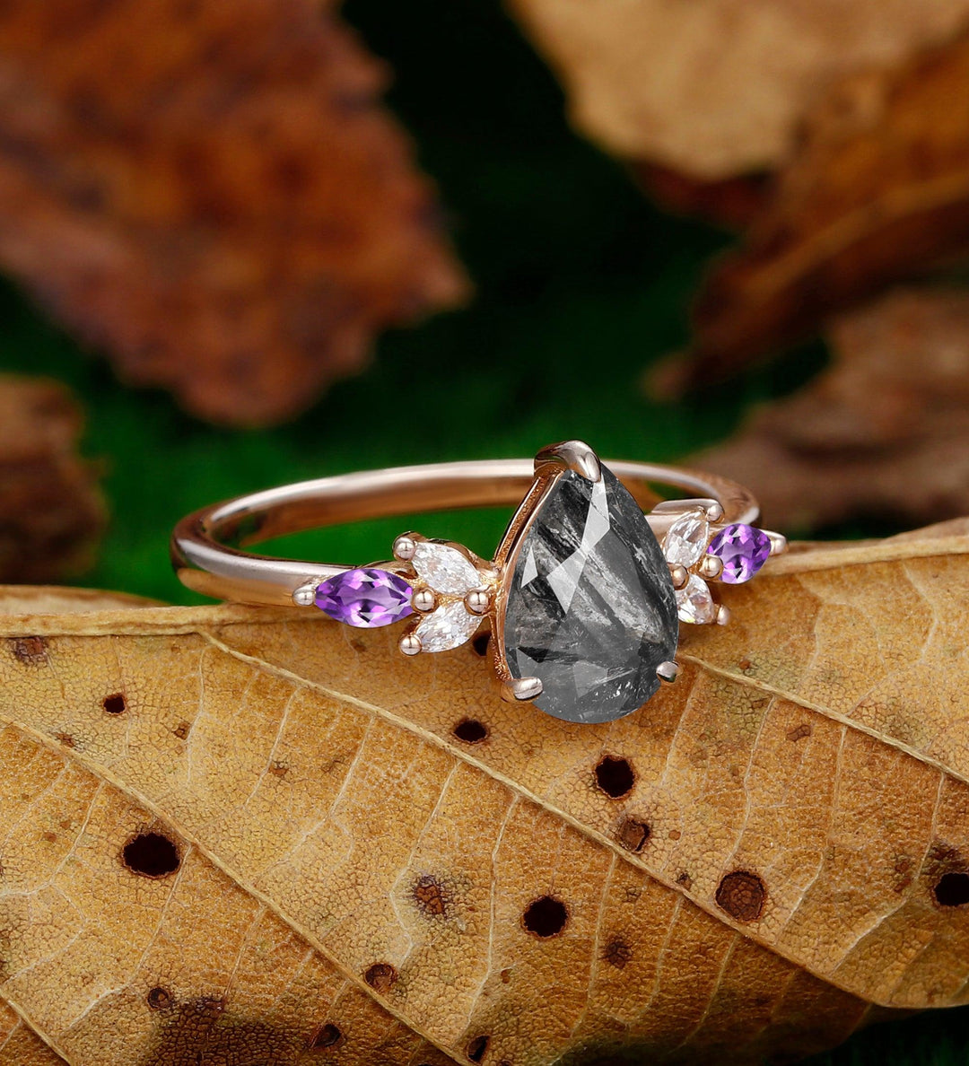 Vintage Pear Shaped Herkimer Diamond 14K Rose Gold Amethyst Promise Ring - Esdomera
