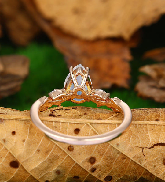 Vintage Pear Shaped Rainbow Moonstone Engagement Ring Unique 14K Rose Gold - Esdomera