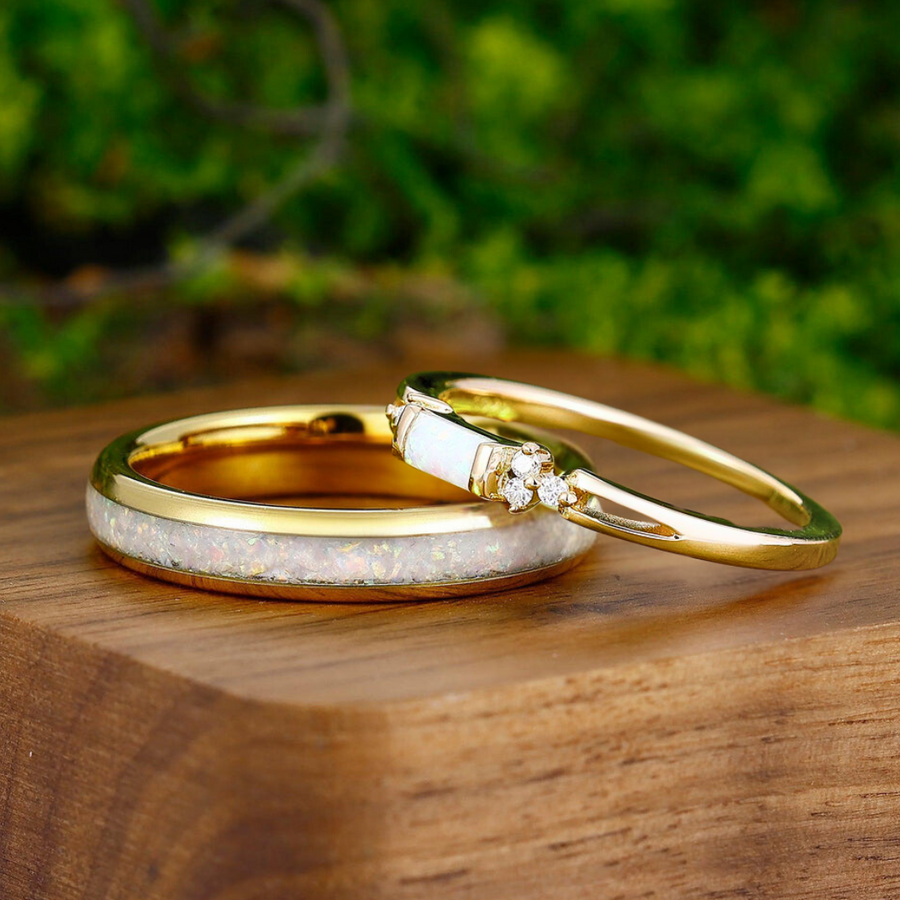 Vintage Pink White Opal Couples Ring Set His and Hers Wedding Band - Esdomera