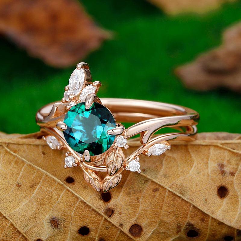 Vintage Round Cut 14k Rose Gold Art Deco Leaf Vines Marquise Diamond Emerald Engagement Ring Set - Esdomera
