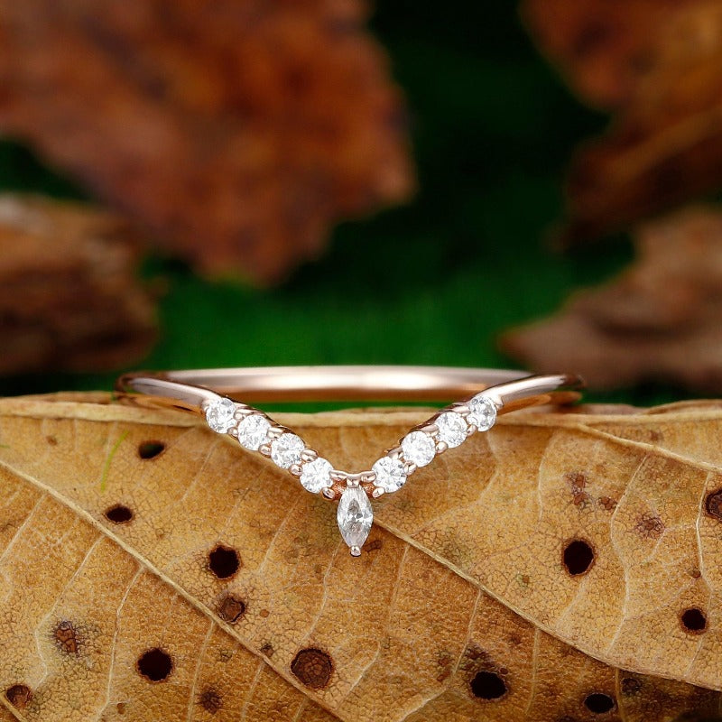 Wedding Band Engagement Promise Stack V Band Curved Band Marquise Moissanite Ring - Esdomera