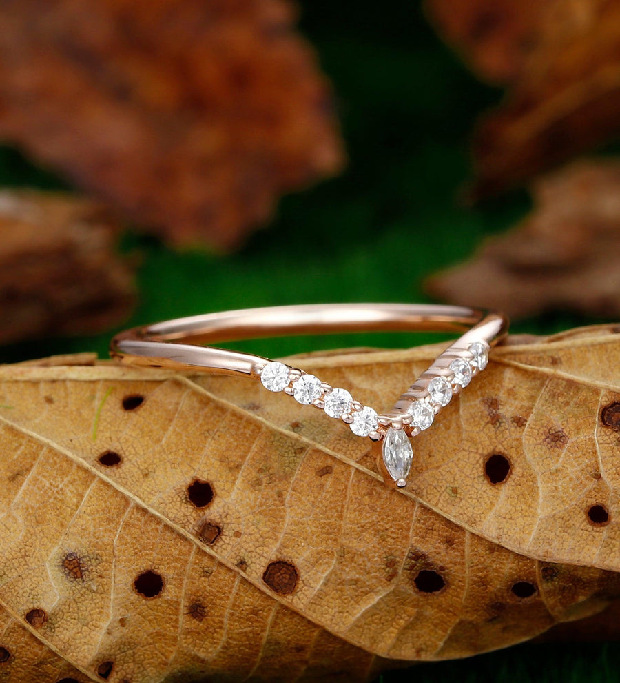 Wedding Band Engagement Promise Stack V Band Curved Band Marquise Moissanite Ring - Esdomera