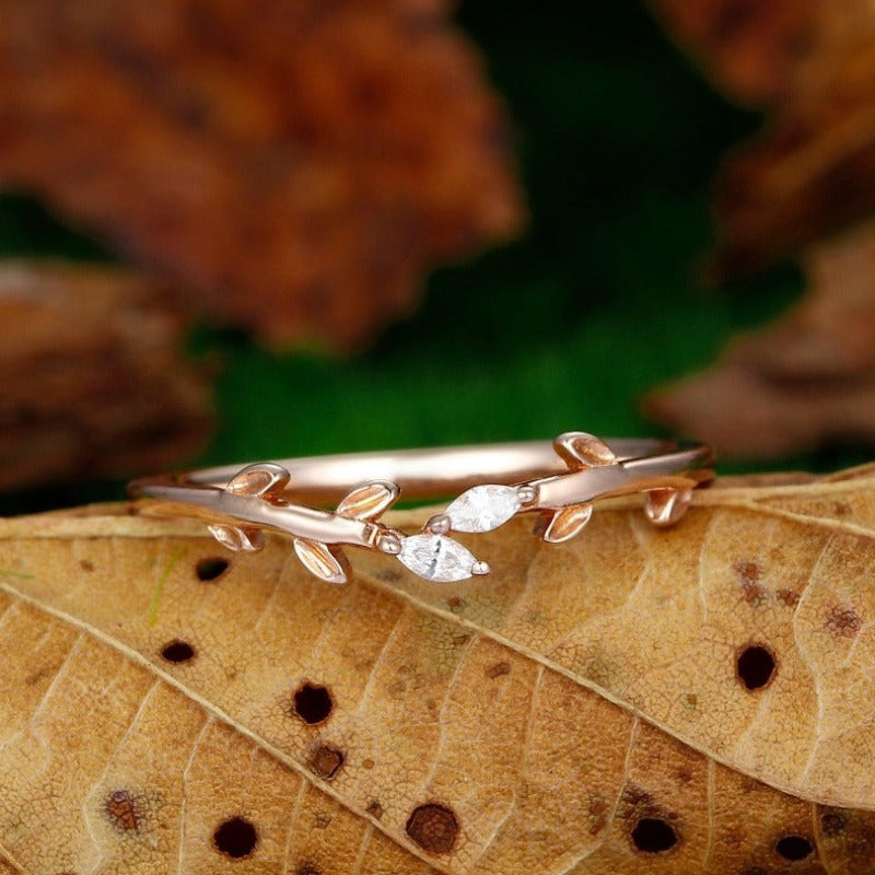 Wedding Leaf Moissanite Promise Bridal Ring Matching Band Ring - Esdomera