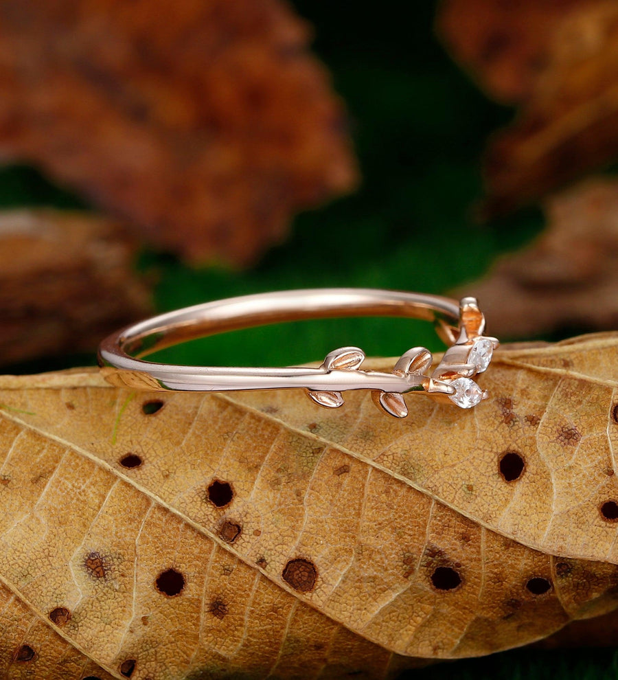 Wedding Leaf Moissanite Promise Bridal Ring Matching Band Ring - Esdomera