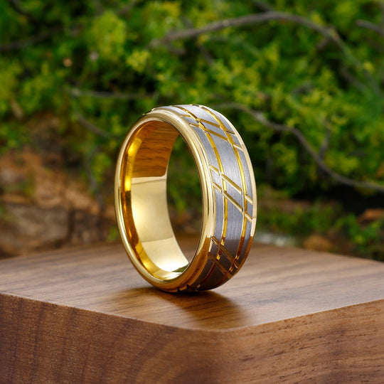 White And Gold Diagonal Square Engraved Tungsten Ring 8mm Men's Ring Anniversary Gift - Esdomera