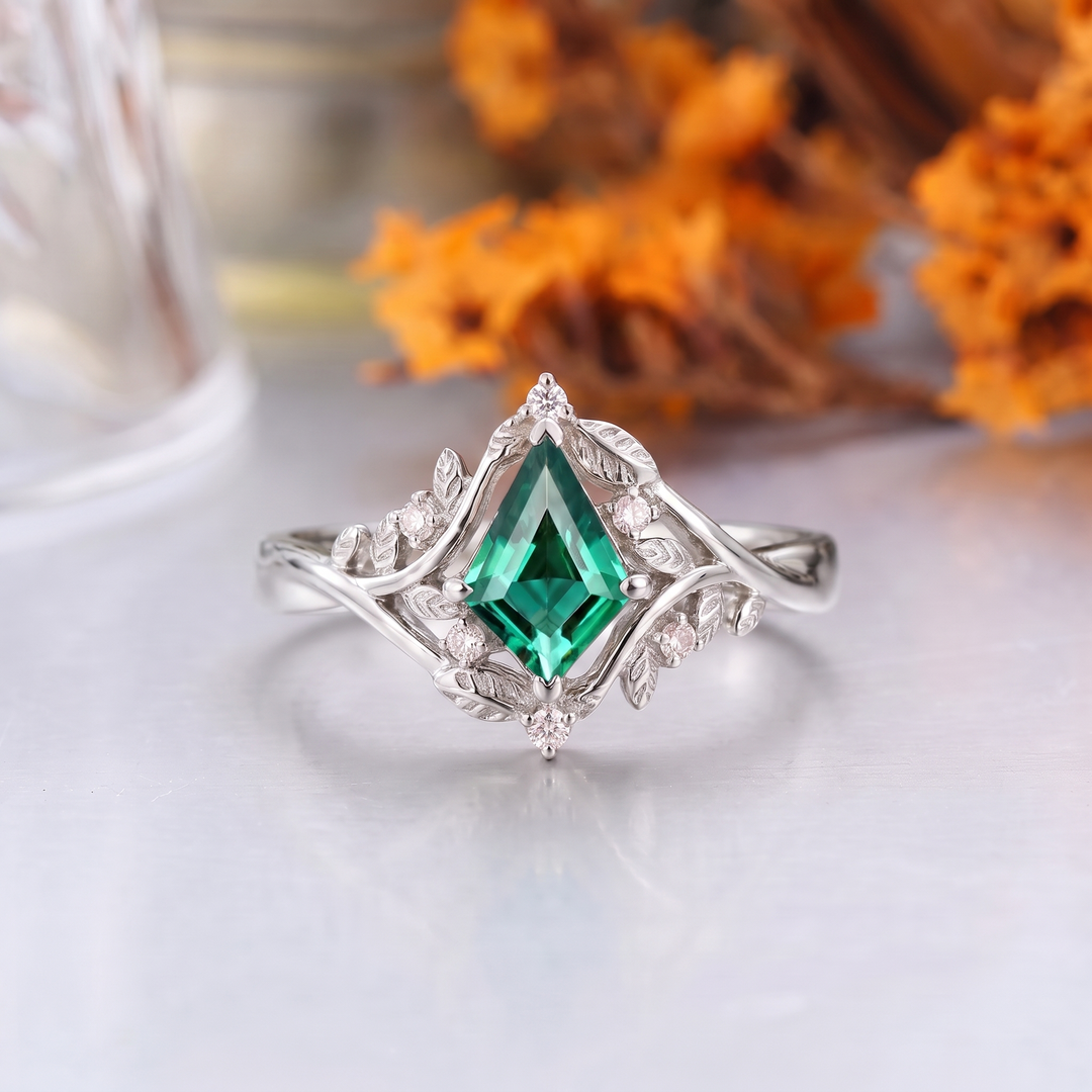 Emerald Cut Lab Grown Emerald Leaf Engagement Ring, 18K Solid Gold