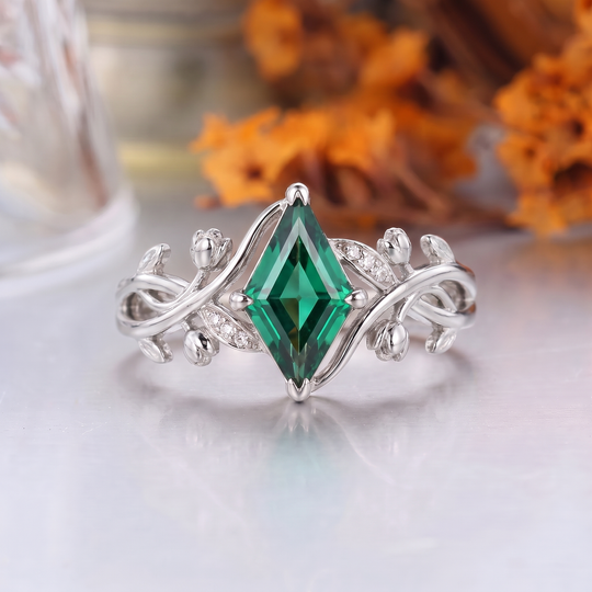 Kite Cut Lab Grown Emerald Leaf Engagement Ring, 18K Solid Gold