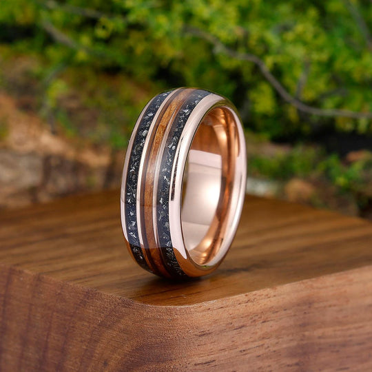 Wood Strips Black Meteorite Tungsten Wedding Band Rose Gold Plated Polished Dome Tungsten Men' s Anniversary Ring - Esdomera