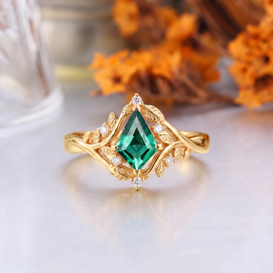 Emerald Cut Lab Grown Emerald Leaf Engagement Ring, 18K Solid Gold