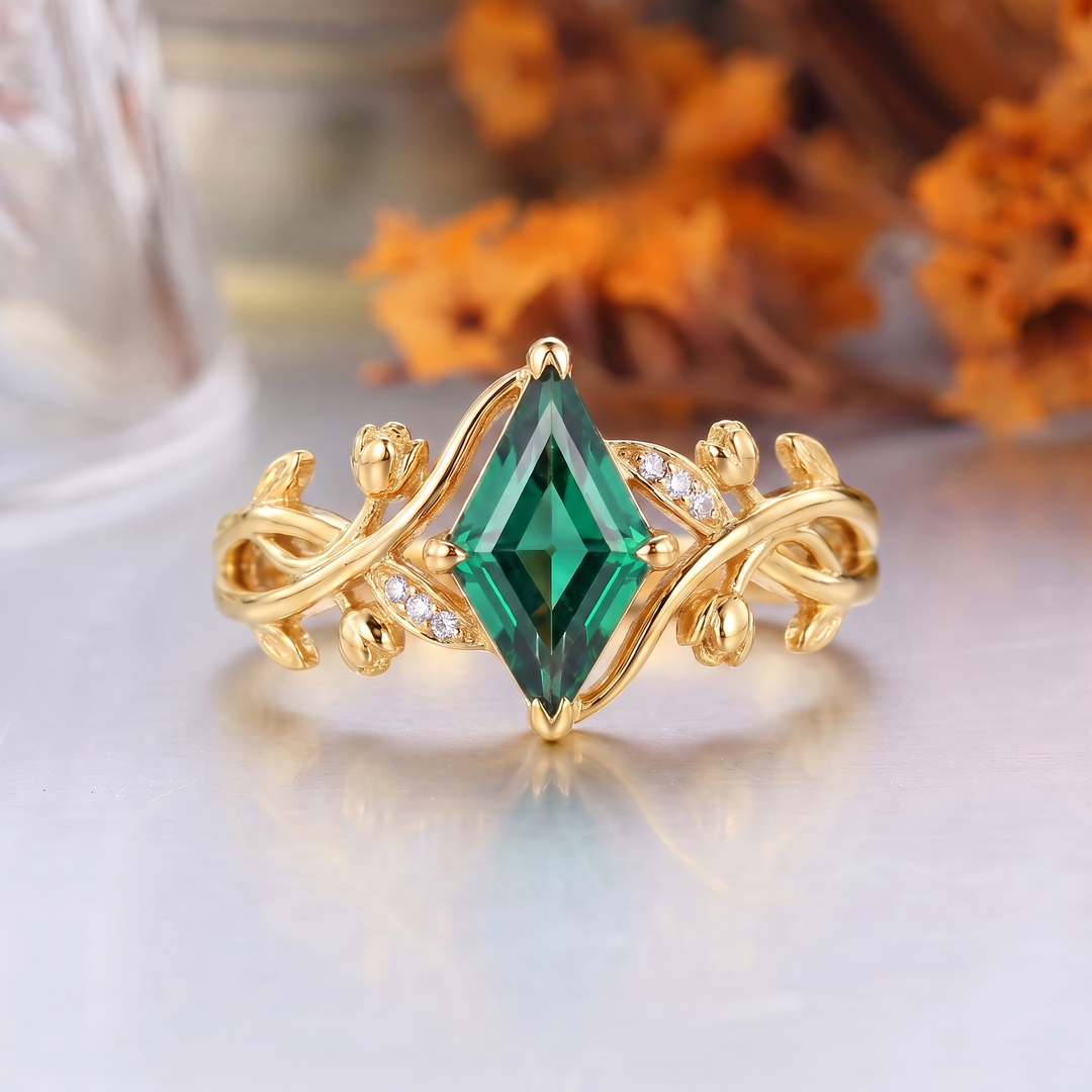 Kite Cut Lab Grown Emerald Leaf Engagement Ring, 18K Solid Gold