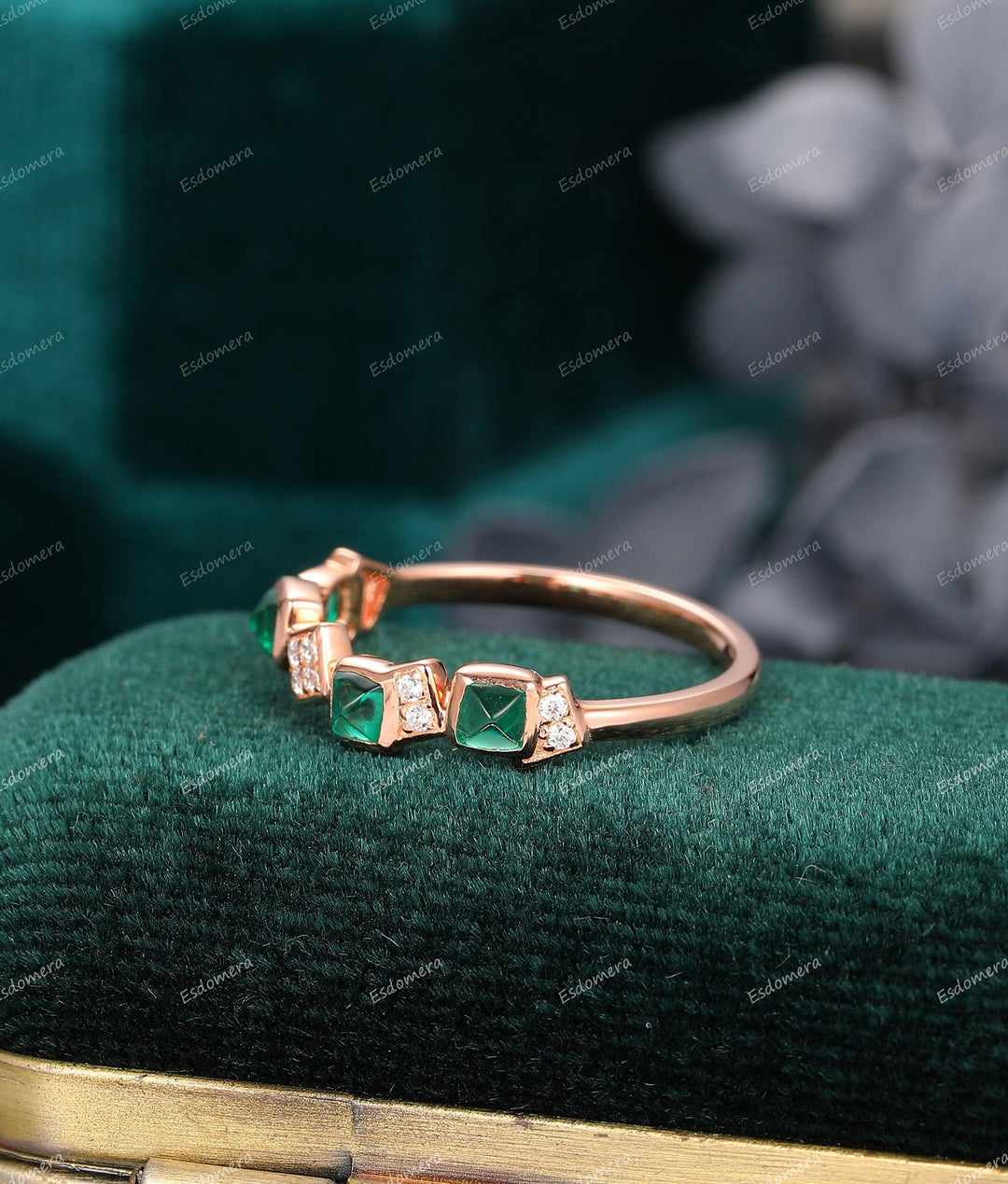 0.80CT Sugar Loaf Cut 3MM Emerald Ring Moissanite Half Eternity Ring - Esdomera