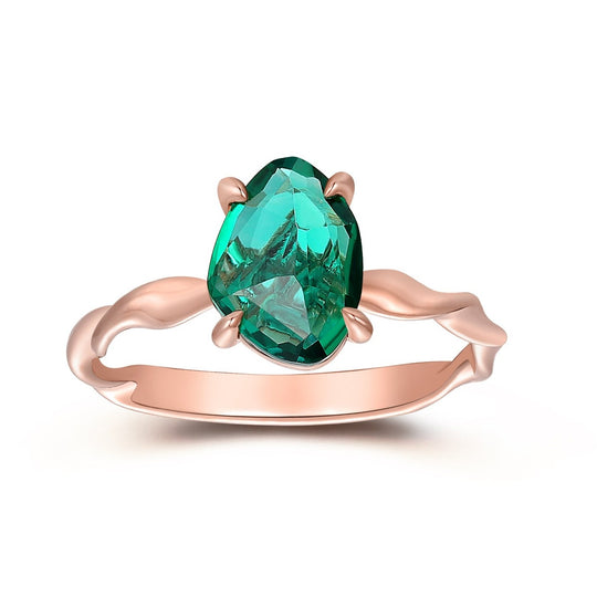 2CT Irregular Cut Emerald Engagement Ring, 14K Rose Gold May Birthstone Solitaire Ring, Unique Wedding Ring