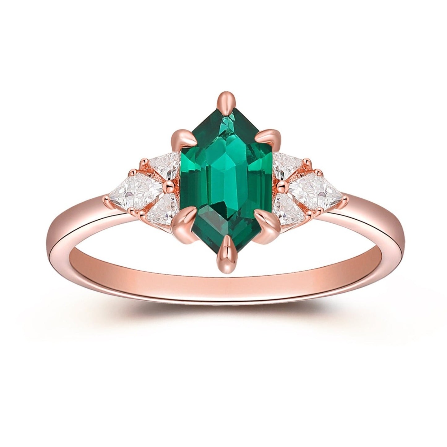 Art Deco 1.10CT Long Hexagon Cut Emerald Ring, Moissanite Accent Ring, 14K Rose Gold Bridal Anniversary Gift For Women