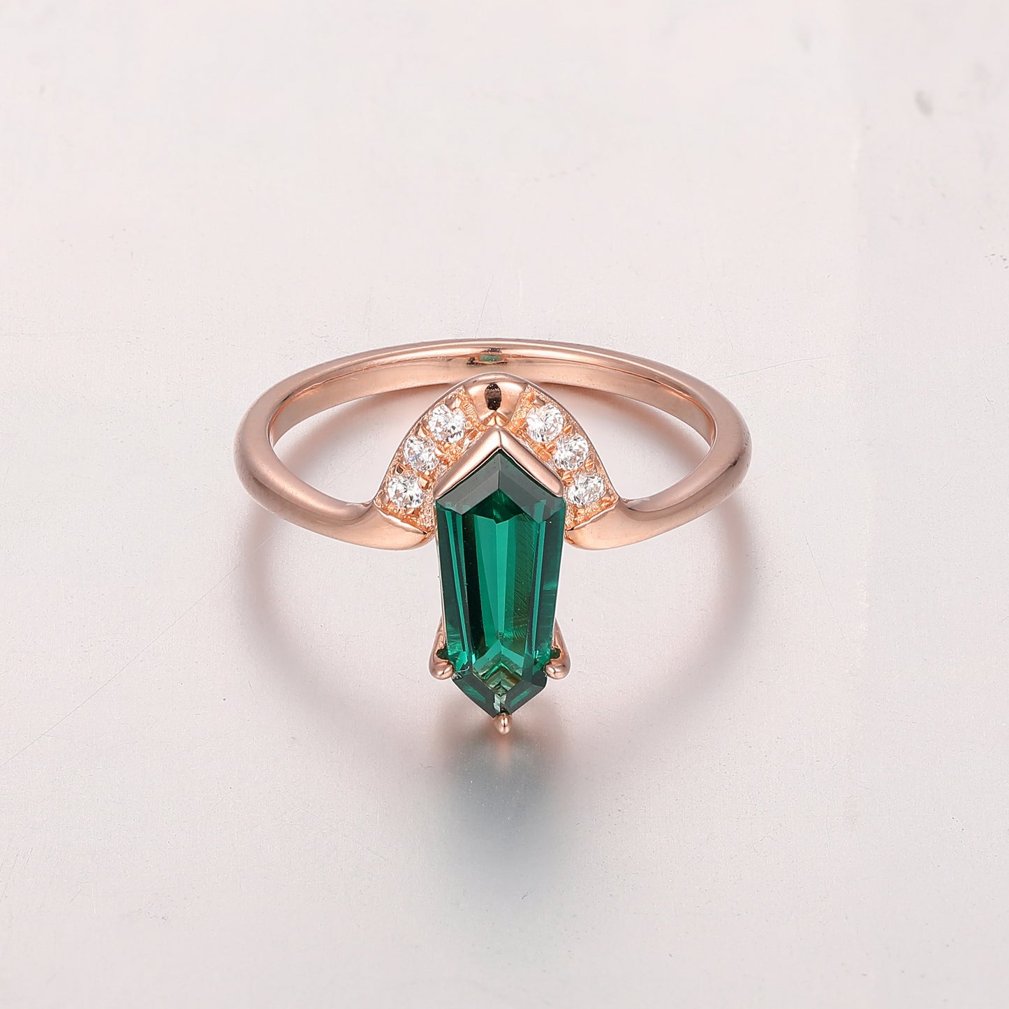 Unique 1.10CT Irregular Hexagon Emerald Engagement Ring, 14K Rose Gold May Birthstone Wedding Anniversary Ring