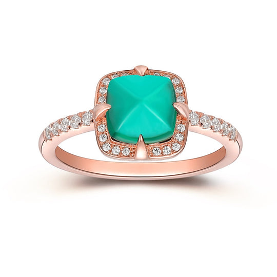 Vintage Cushion Sugar Loaf Cut 7mm Emerald Ring, Moissanite Halo Ring, 4 Prong Set 14k Rose Gold Ring For Women