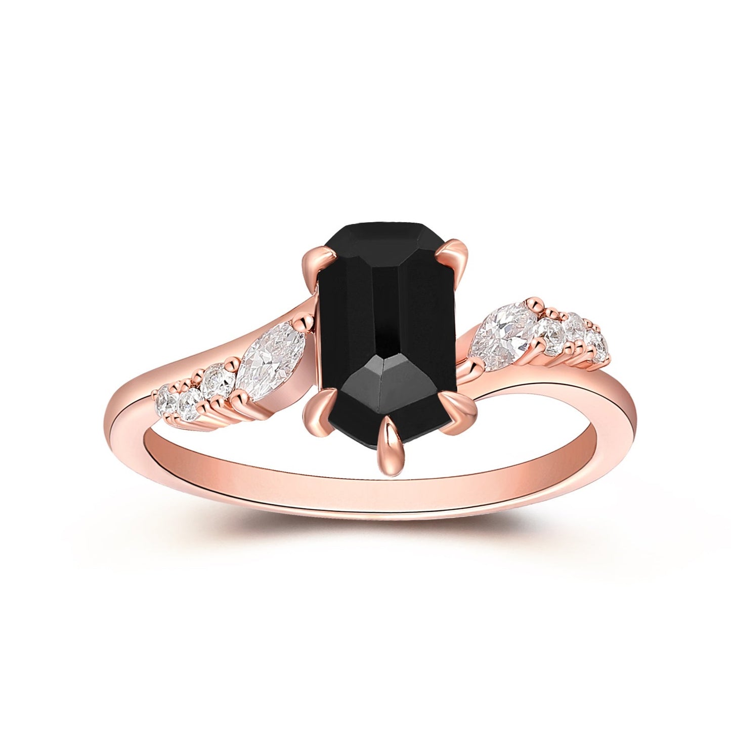 Pentagon Cut 1.15CT Natural Black Onyx Engagement Ring, Moissanite Wedding Ring, 14K Rose Gold Bridal Ring