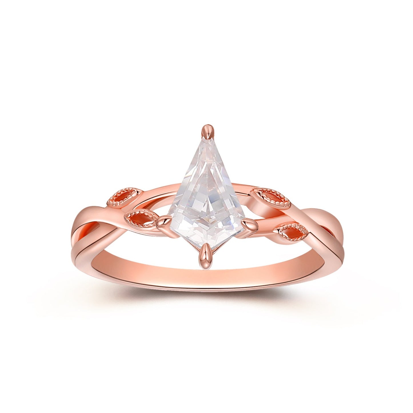 1.35CT Kite Shape Moissanite Engagement Ring, Leaf Cross Band Ring, 14k Rose Gold Solitaire Wedding Ring