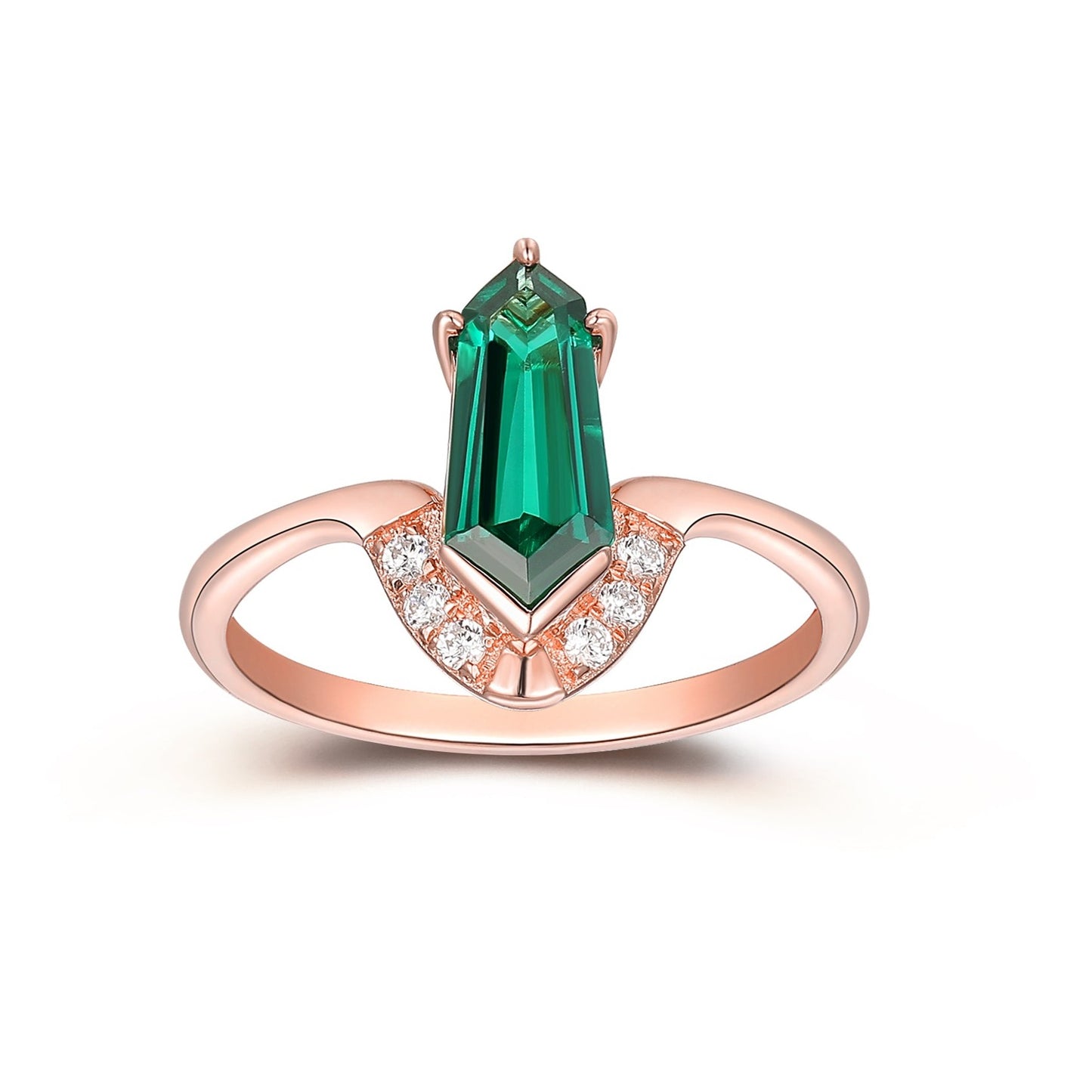 4.2x5x11mm Irregular Shaped Emerald Engagement Ring, Moissanite V Shaped Ring, 14k Rose Gold Ring For Women, Vintage 1.45mm Moissanite Ring For Women