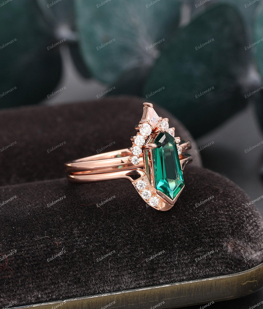 1.10CT Irregular Hexagon Emerald Engagement Ring, Crown Shaped Moissanite Stacking Band, Rose Gold Wedding Band - Esdomera