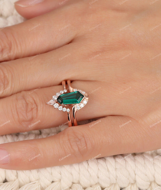1.10CT Irregular Hexagon Emerald Engagement Ring, Crown Shaped Moissanite Stacking Band, Rose Gold Wedding Band - Esdomera