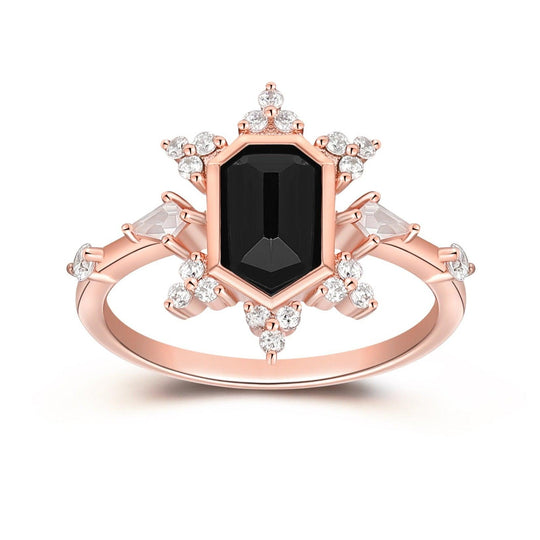 1.15CT Heptagon Cut Natural Black Onyx Engagement Ring, Moissanite Cluster Ring, 14k Rose Gold Bezel Set Bridal Ring - Esdomera