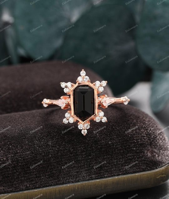 1.15CT Heptagon Cut Natural Black Onyx Engagement Ring, Moissanite Cluster Ring, 14k Rose Gold Bezel Set Bridal Ring - Esdomera