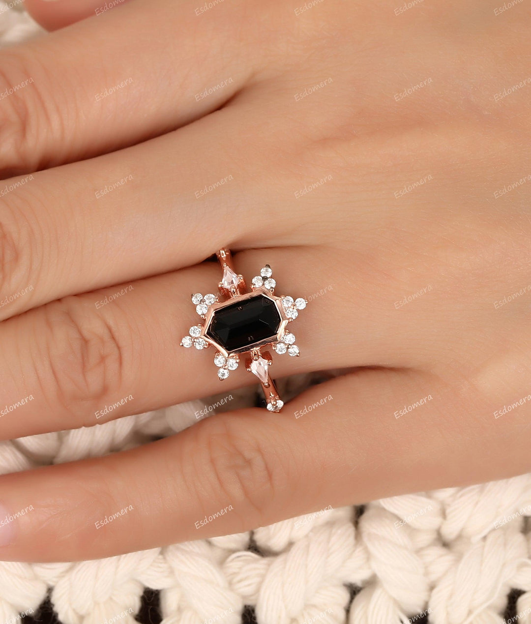 1.15CT Heptagon Cut Natural Black Onyx Engagement Ring, Moissanite Cluster Ring, 14k Rose Gold Bezel Set Bridal Ring - Esdomera