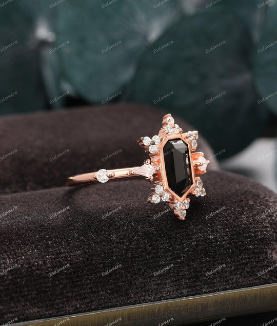 1.15CT Heptagon Cut Natural Black Onyx Engagement Ring, Moissanite Cluster Ring, 14k Rose Gold Bezel Set Bridal Ring - Esdomera