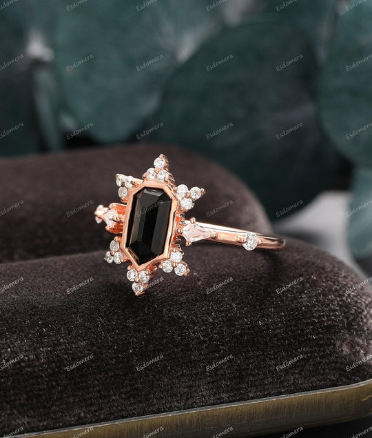 1.15CT Heptagon Cut Natural Black Onyx Engagement Ring, Moissanite Cluster Ring, 14k Rose Gold Bezel Set Bridal Ring - Esdomera