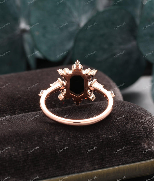 1.15CT Heptagon Cut Natural Black Onyx Engagement Ring, Moissanite Cluster Ring, 14k Rose Gold Bezel Set Bridal Ring - Esdomera