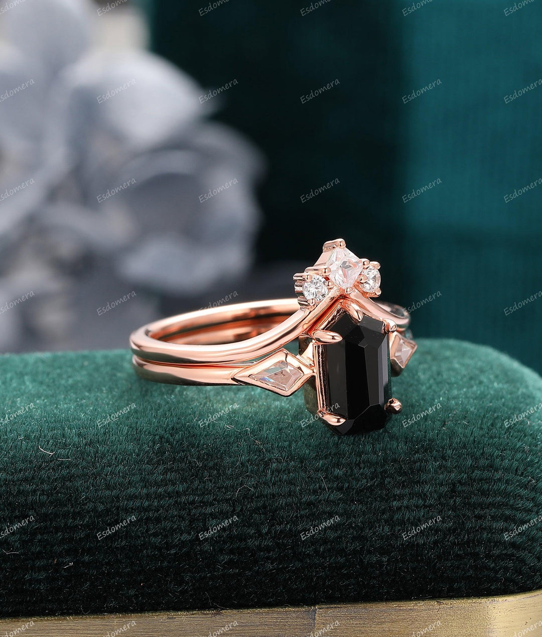 1.15CT Heptagon Shape Natural Black Agate Engagement Ring Set Moissanite Curved Bridal Ring Set - Esdomera