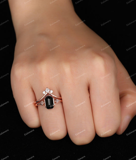 1.15CT Heptagon Shape Natural Black Agate Engagement Ring Set Moissanite Curved Bridal Ring Set - Esdomera