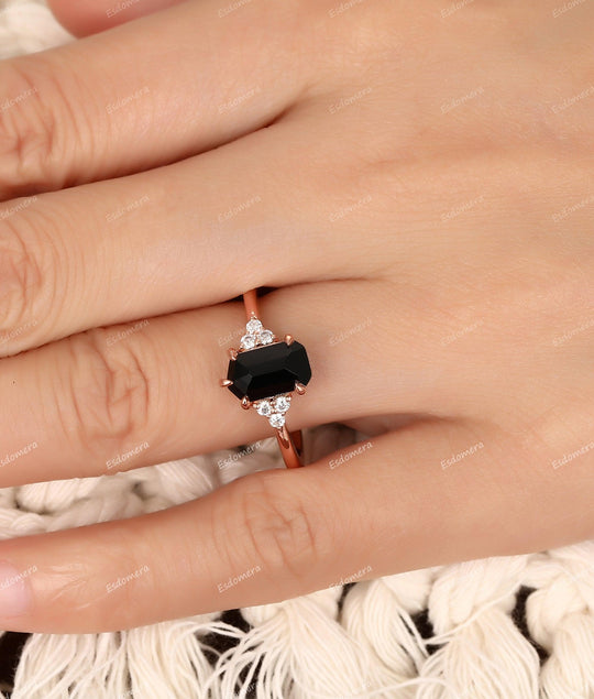 1.15CT Pentagon Cut Natural Black Agate Engagement Moissanite Cluster Ring - Esdomera