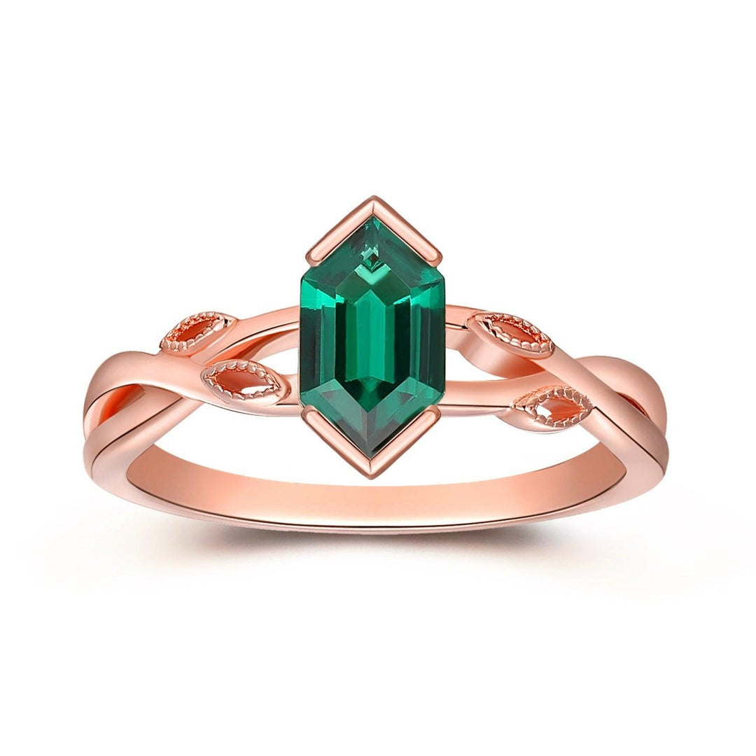 1.1CT Hexagon Cut Emerald Engagement Ring, Leaf Vine Wedding Promise Ring, 14K Rose Gold Cross Band Ring For Women - Esdomera