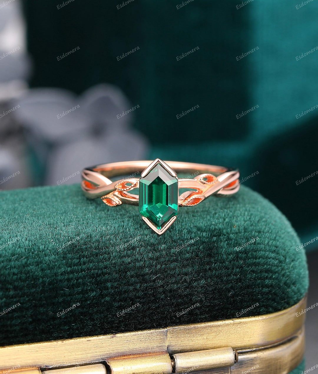 1.1CT Hexagon Cut Emerald Engagement Ring, Leaf Vine Wedding Promise Ring, 14K Rose Gold Cross Band Ring For Women - Esdomera