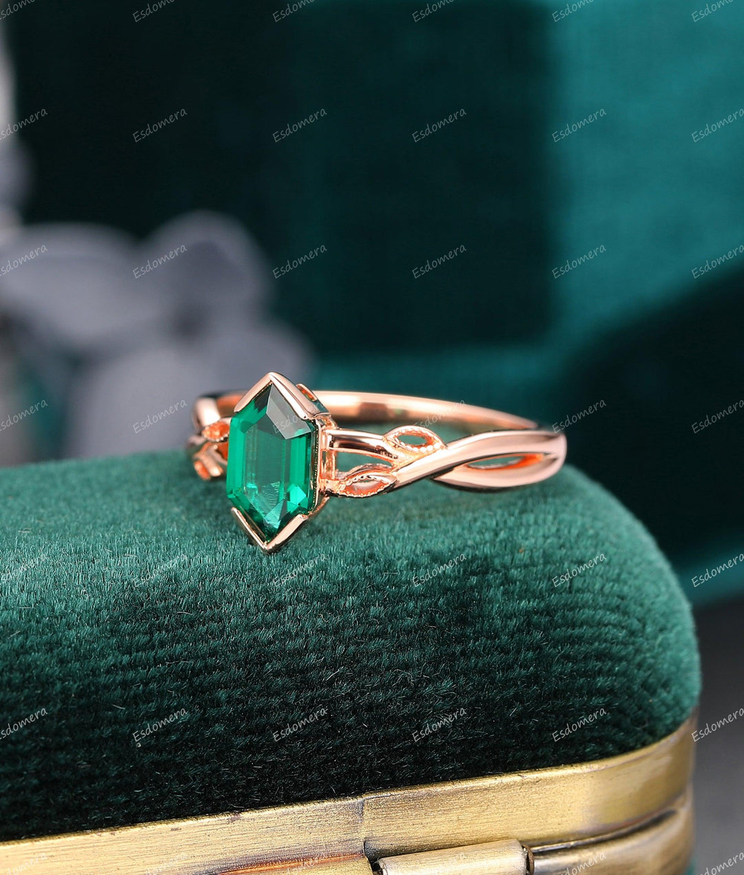 1.1CT Hexagon Cut Emerald Engagement Ring, Leaf Vine Wedding Promise Ring, 14K Rose Gold Cross Band Ring For Women - Esdomera