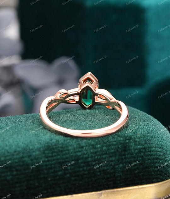 1.1CT Hexagon Cut Emerald Engagement Ring, Leaf Vine Wedding Promise Ring, 14K Rose Gold Cross Band Ring For Women - Esdomera