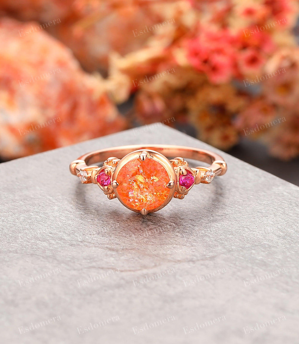 1.25CT Round Cut Sunstone Engagement Ring For Her, 14k Rose Gold Moissanites Ring, Art Deco Gemstone Ring - Esdomera