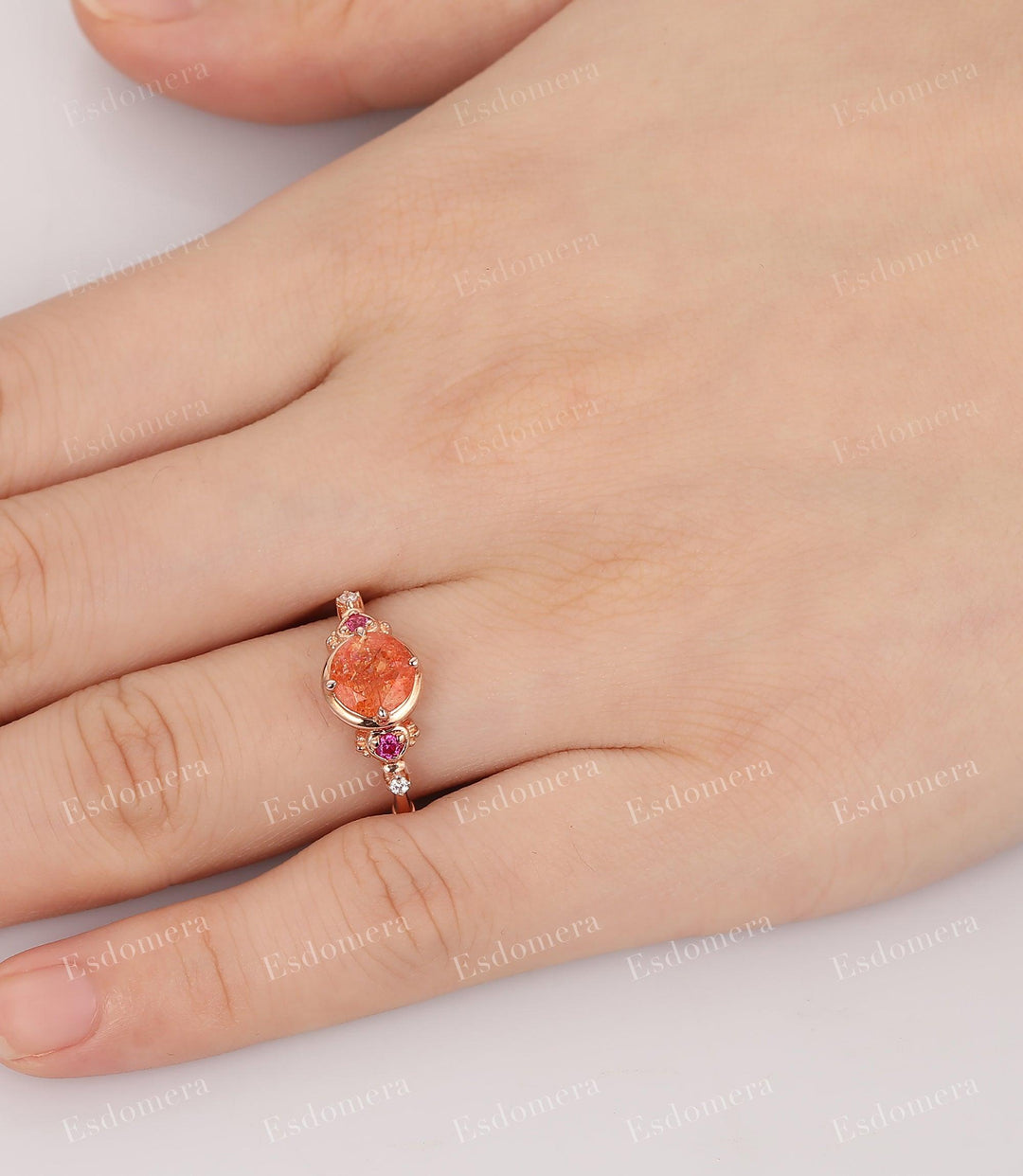 1.25CT Round Cut Sunstone Engagement Ring For Her, 14k Rose Gold Moissanites Ring, Art Deco Gemstone Ring - Esdomera