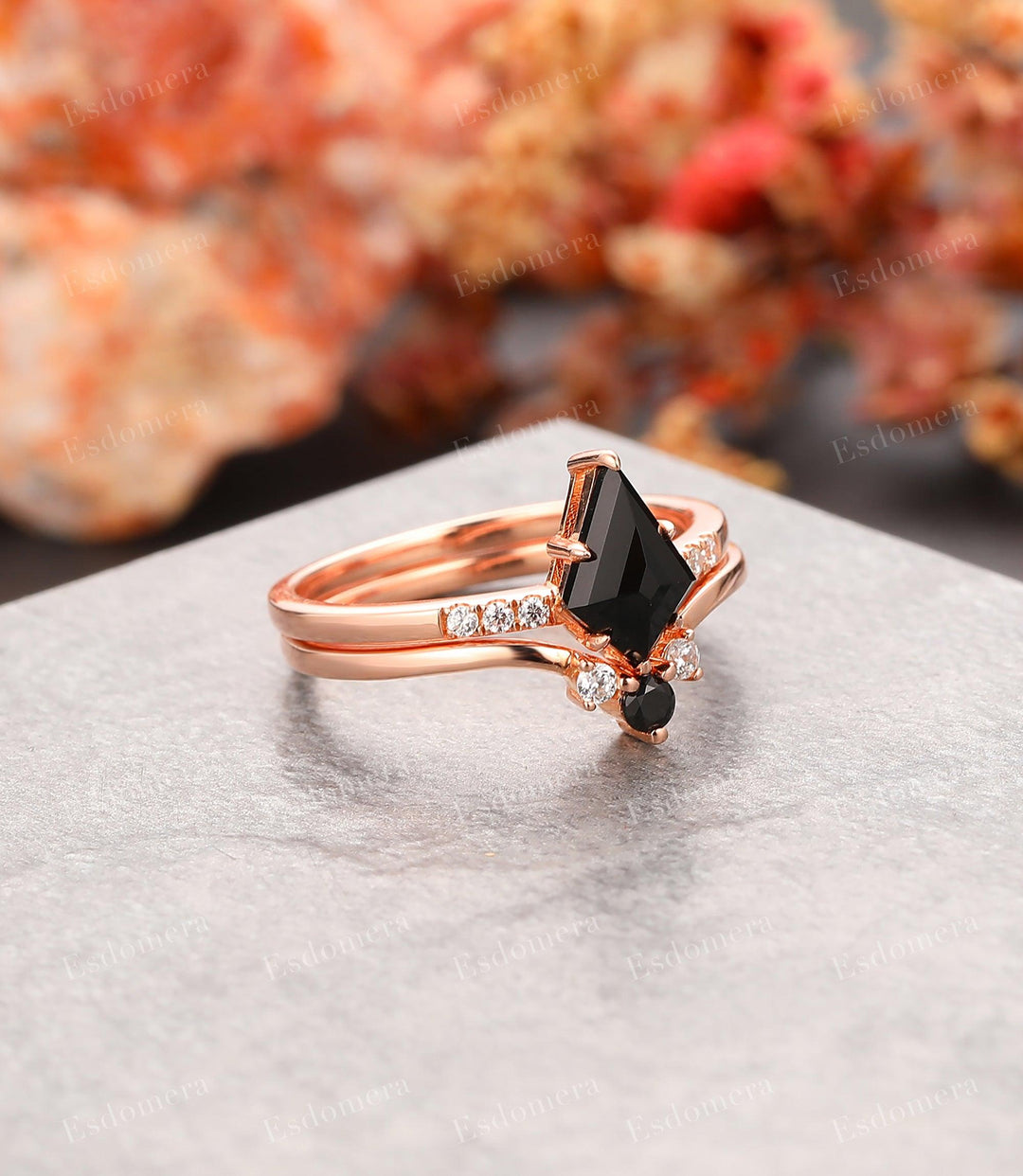 1.35CT Kite Cut Black Onyx Bridal Ring Set, Triple Stone Curved Moissanite Matching Band, Art Deco Promise Ring Set For Women - Esdomera