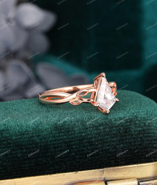 1.35CT Kite Shape Moissanite Engagement Ring Leaf Cross Band Rose Gold Solitaire Wedding Ring - Esdomera