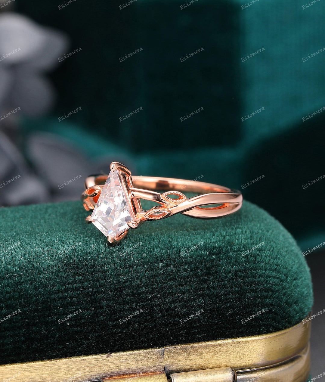 1.35CT Kite Shape Moissanite Engagement Ring Leaf Cross Band Rose Gold Solitaire Wedding Ring - Esdomera