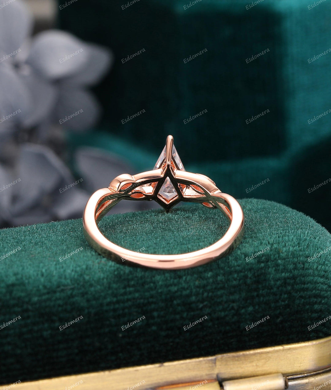 1.35CT Kite Shape Moissanite Engagement Ring Leaf Cross Band Rose Gold Solitaire Wedding Ring - Esdomera