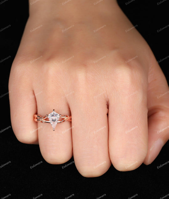 1.35CT Kite Shape Moissanite Engagement Ring Leaf Cross Band Rose Gold Solitaire Wedding Ring - Esdomera