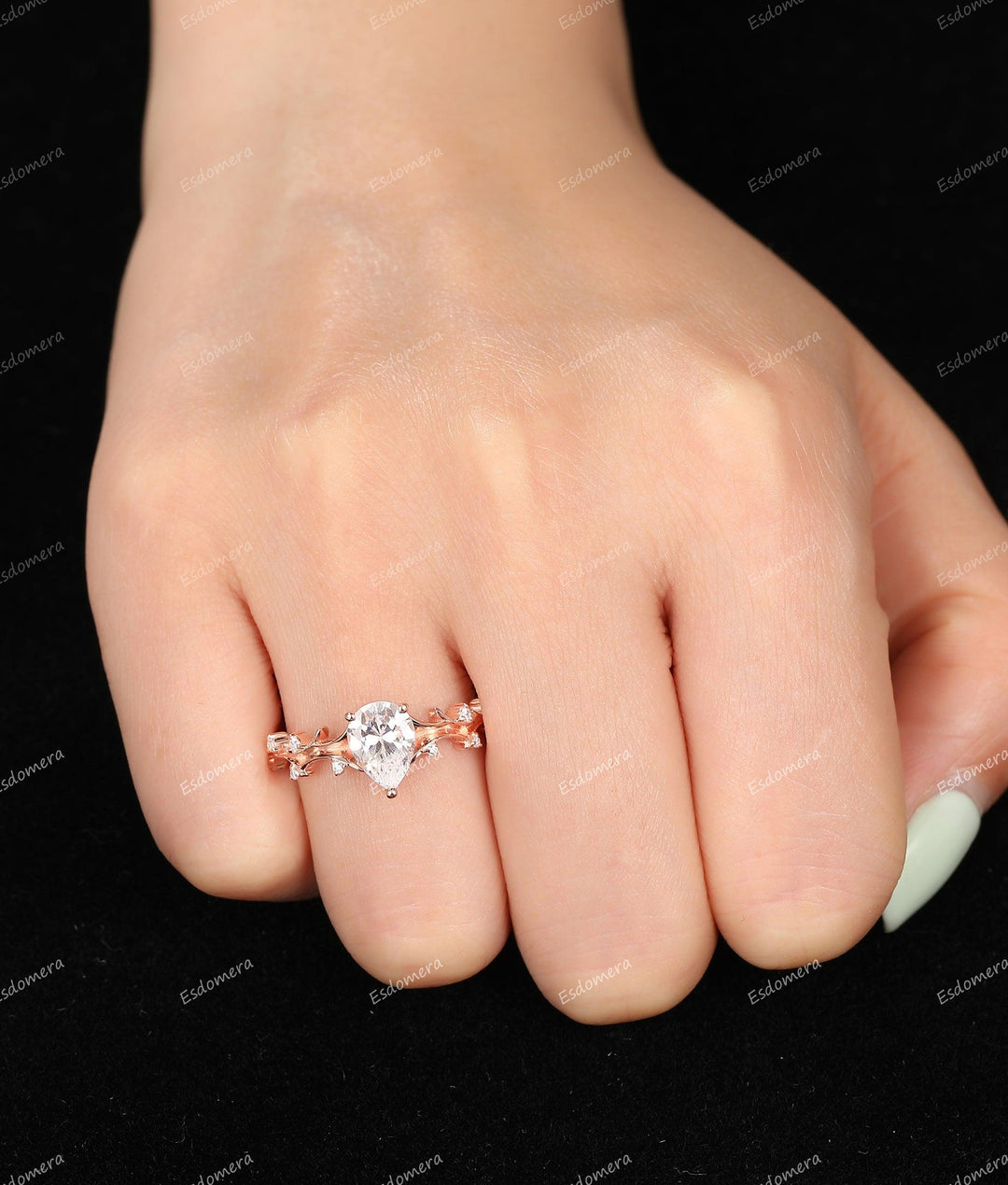 1.3CT Pear Shaped Moissanite Wedding Ring Branch Engagement Ring Art Deco Ring - Esdomera