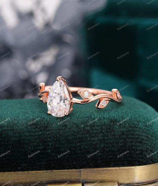 1.50CT Pear Cut Moissanite Wedding Ring, Leaf Vine Engagement Ring, Unique 14K Rose Gold Ring For Women - Esdomera